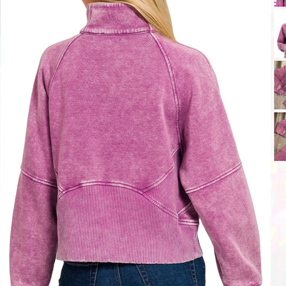 Zenana Outfitters Acid Wash Plum Half-Zip Fleece Pullover Size Large NWOT - Picture 2 of 8